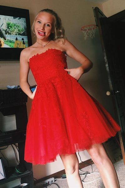 Cute Strapless Red Lace Short Prom Dresses, Red Lace Homecoming Dresses, Red Formal Evening Dresses EP1608