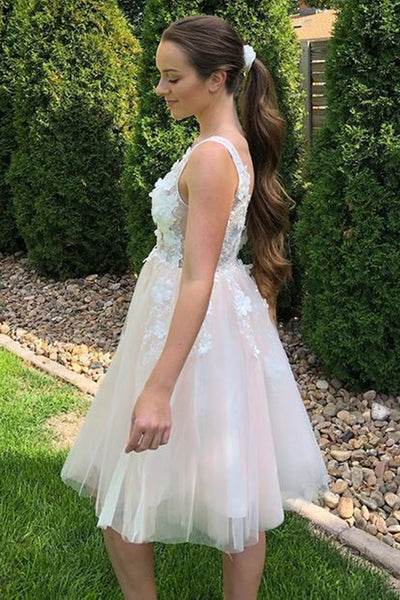 Cute V Neck Open Back Lace Appliques Pink Short Prom Homecoming Dresses, Backless Pink Lace Formal Graduation Evening Dresses EP1465