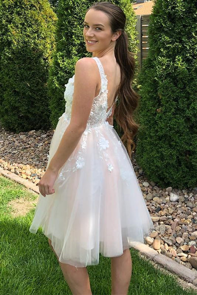 Cute V Neck Open Back Lace Appliques Pink Short Prom Homecoming Dresses, Backless Pink Lace Formal Graduation Evening Dresses EP1465