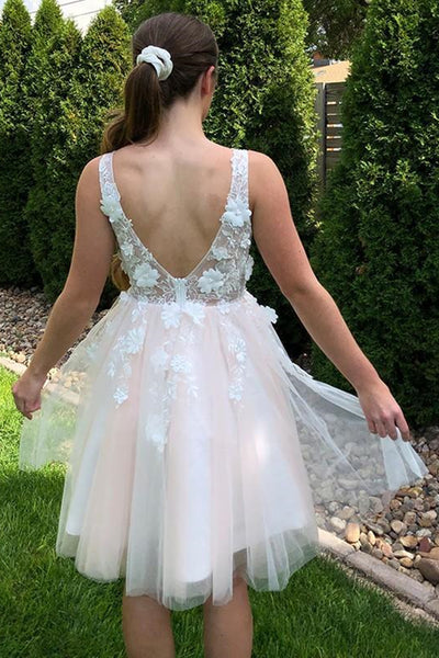 Cute V Neck Open Back Lace Appliques Pink Short Prom Homecoming Dresses, Backless Pink Lace Formal Graduation Evening Dresses EP1465