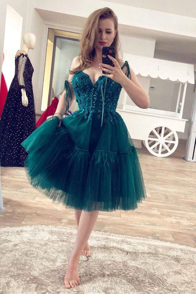 Dark Green Short Lace Prom Dresses, Dark Green Short Lace Graduation Homecoming Dresses