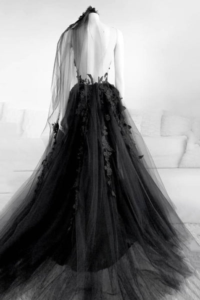 Deep V Neck Backless Black Lace Appliques Long Prom Dress, Black Lace Formal Dress, Black Evening Dress with High Slit