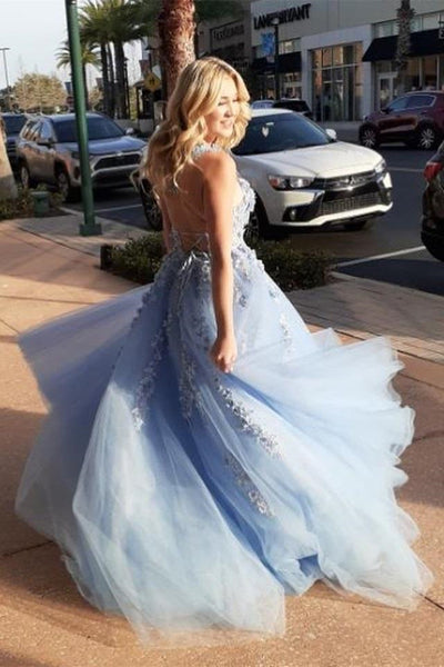 Elegant Backless Light Blue Lace Floral Long Prom Dresses, 3D Flowers Light Blue Lace Formal Dresses, Light Blue Evening Dresses EP1492
