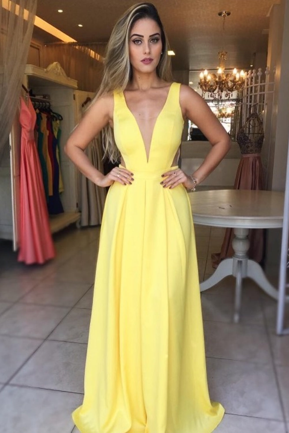 Elegant Deep V Neck Yellow Long Prom Dresses, V Neck Yellow Formal Graduation Evening Dresses