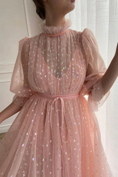 Elegant Half Sleeves High Neck Pink Long Prom Dresses, Half Sleeves Pink Formal Graduation Evening Dresses EP1874