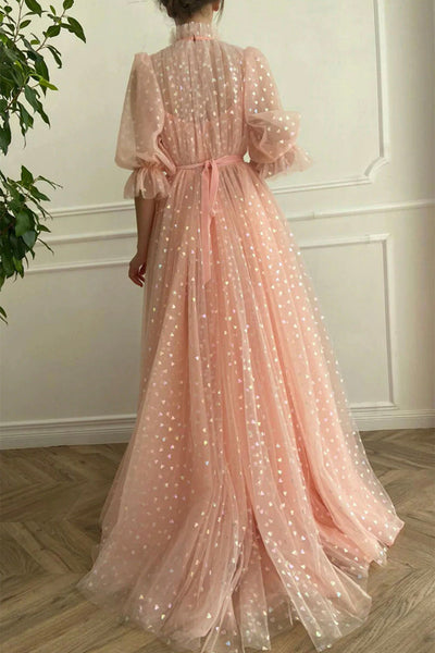Elegant Half Sleeves High Neck Pink Long Prom Dresses, Half Sleeves Pink Formal Graduation Evening Dresses EP1874