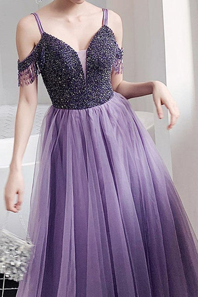 Elegant Off Shoulder Beaded Purple Tulle Long Prom Dresses, Off the Shoulder Purple Formal Evening Dresses EP1826
