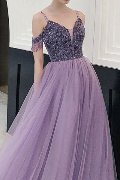 Elegant Off Shoulder Beaded Purple Tulle Long Prom Dresses, Off the Shoulder Purple Formal Evening Dresses EP1826