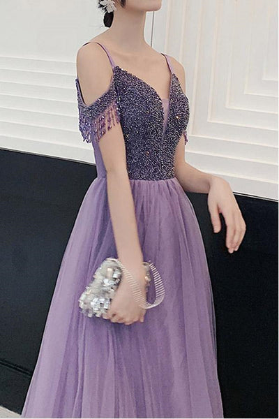 Elegant Off Shoulder Beaded Purple Tulle Long Prom Dresses, Off the Shoulder Purple Formal Evening Dresses EP1826