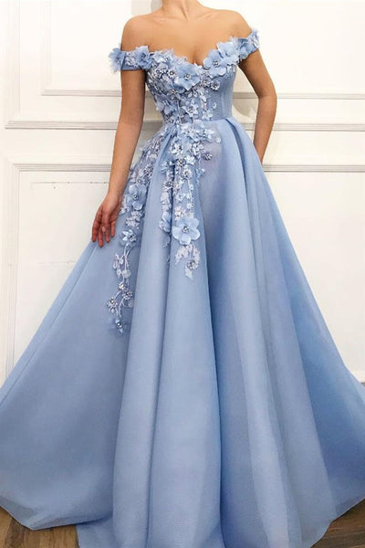Elegant Off Shoulder Blue Lace Floral Long Prom Dresses, Off the Shoulder 3D Flowers Blue Formal Evening Dresses