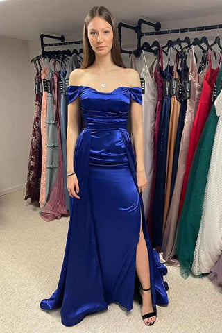 Elegant Off Shoulder Mermaid Royal Blue Satin Long Prom Dresses with High Slit, Mermaid Royal Blue Formal Graduation Evening Dresses EP1797