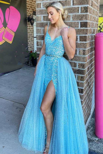 Elegant Shiny Blue Sequins V Neck Long Prom Dresses with High Slit, Blue Sequins Formal Graduation Evening Dresses EP1860