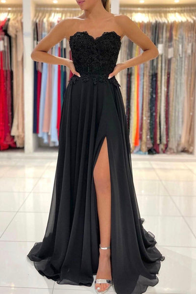 Elegant Sweetheart Neck Black Lace Long Prom Dresses, Strapless Black Lace Formal Dresses, Black Evening Dresses with High Slit EP1735