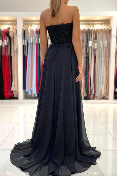 Elegant Sweetheart Neck Black Lace Long Prom Dresses, Strapless Black Lace Formal Dresses, Black Evening Dresses with High Slit EP1735