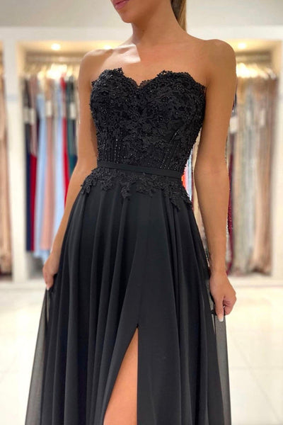 Elegant Sweetheart Neck Black Lace Long Prom Dresses, Strapless Black Lace Formal Dresses, Black Evening Dresses with High Slit EP1735