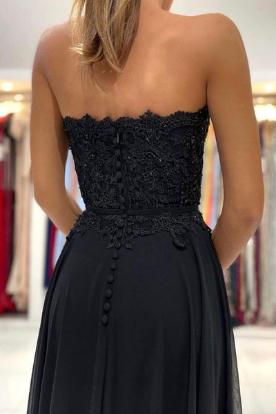 Elegant Sweetheart Neck Black Lace Long Prom Dresses, Strapless Black Lace Formal Dresses, Black Evening Dresses with High Slit EP1735