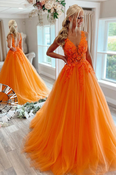 Elegant V Neck Beaded Orange Tulle Long Prom Dresses with Lace Appliques, Orange Lace Formal Graduation Evening Dresses EP1875