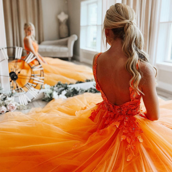 Elegant V Neck Beaded Orange Tulle Long Prom Dresses with Lace Appliques, Orange Lace Formal Graduation Evening Dresses EP1875