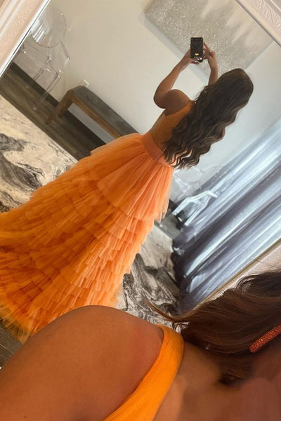 Elegant V Neck Layered Orange Tulle Long Prom Dresses, V Neck Orange Formal Graduation Evening Dresses EP1648