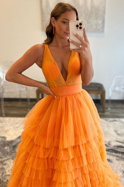 Elegant V Neck Layered Orange Tulle Long Prom Dresses, V Neck Orange Formal Graduation Evening Dresses EP1648