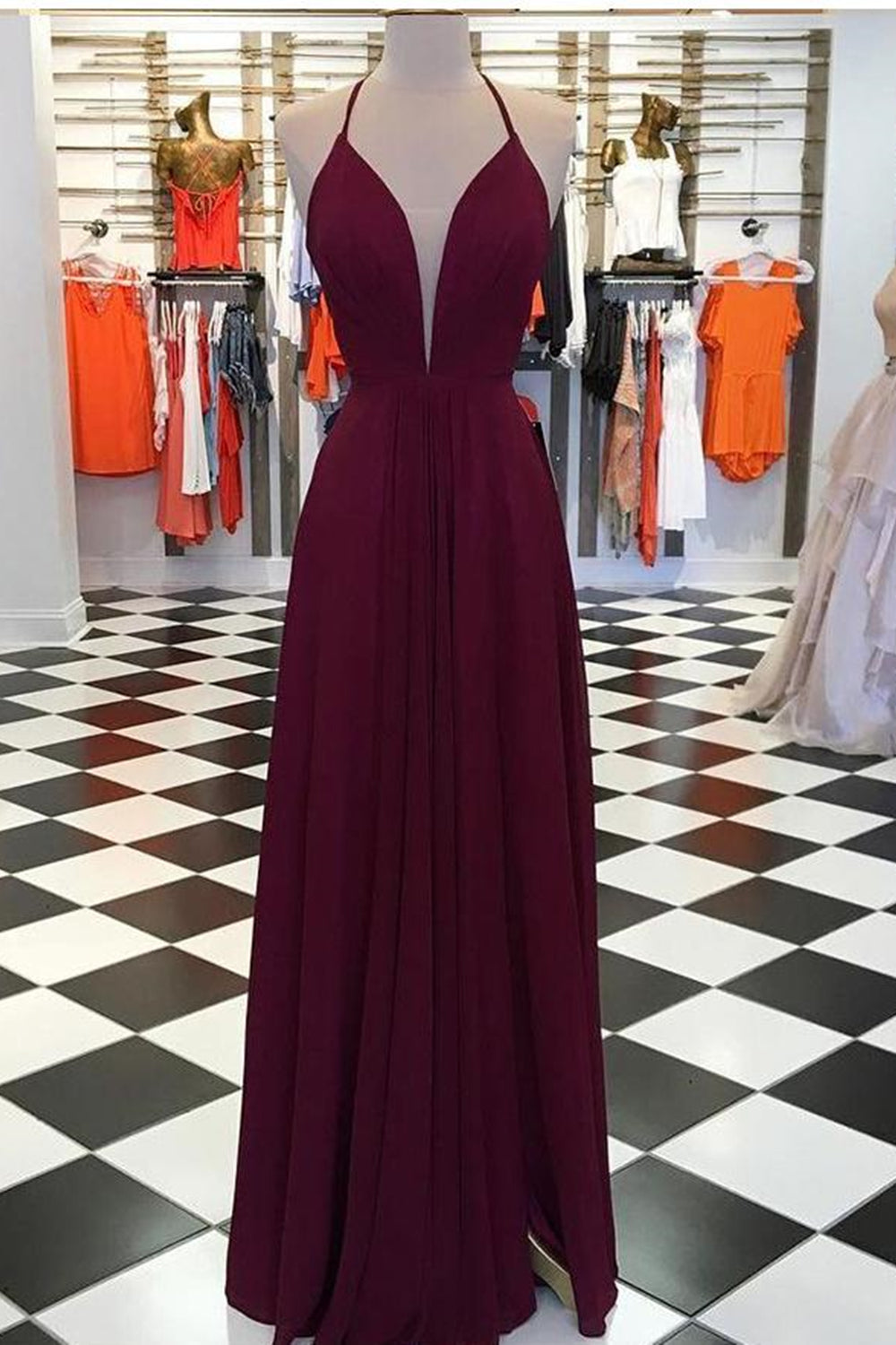 Elegant V Neck Open Back Burgundy Prom Dresses, Open Back Burgundy Formal Dresses, Long Burgundy Evening Dresses EP1370