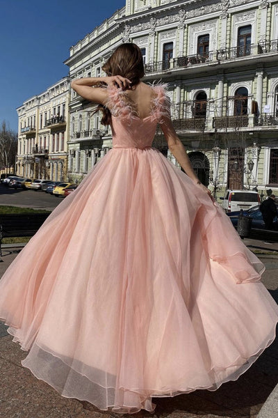 Elegant V Neck Pink Tulle Long Prom Dresses with High Slit, Pink Tulle Formal Graduation Evening Dresses EP1846