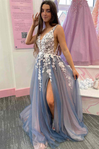 Elegant V Neck Smoke Gray Tulle Long Prom Dresses with Lace Flowers, Smoke Gray Tulle Formal Graduation Evening Dresses with High Slit EP1842