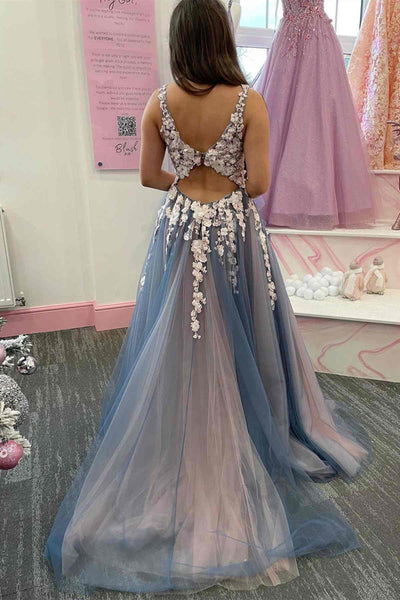 Elegant V Neck Smoke Gray Tulle Long Prom Dresses with Lace Flowers, Smoke Gray Tulle Formal Graduation Evening Dresses with High Slit EP1842