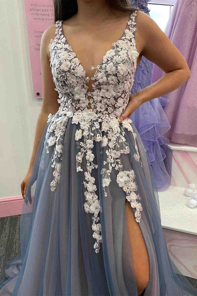 Elegant V Neck Smoke Gray Tulle Long Prom Dresses with Lace Flowers, Smoke Gray Tulle Formal Graduation Evening Dresses with High Slit EP1842