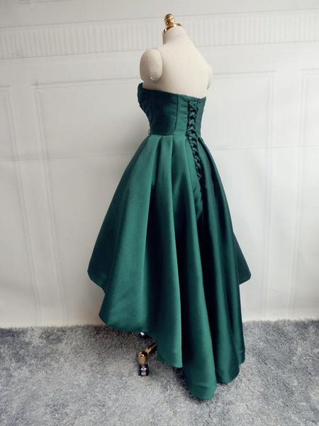 Emerald Green High Low Satin Prom Dresses, Emerald Green High Low Formal Graduation Dresses
