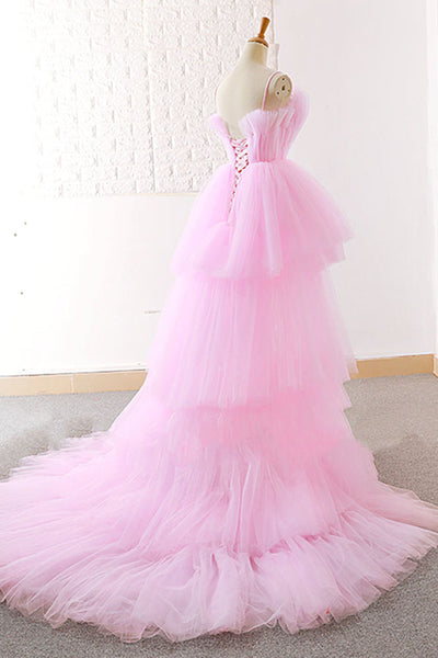 Gorgeous High Low Pink Tulle Long Prom Dresses, Pink Tulle Formal Graduation Evening Dresses EP1788