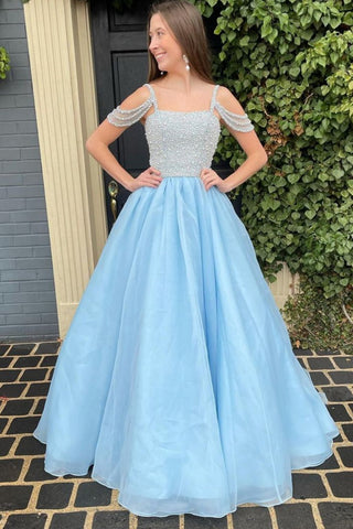 Gorgeous Off Shoulder Beaded Light Blue Tulle Long Prom Dresses, Off the Shoulder Blue Formal Dresses, Beaded Blue Evening Dresses EP1785