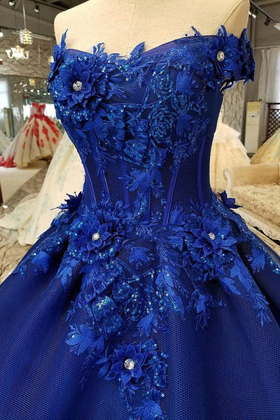 Gorgeous Off Shoulder Blue Lace Floral Long Prom Dresses, Blue Lace Formal Evening Dresses, Blue Ball Gown EP1654