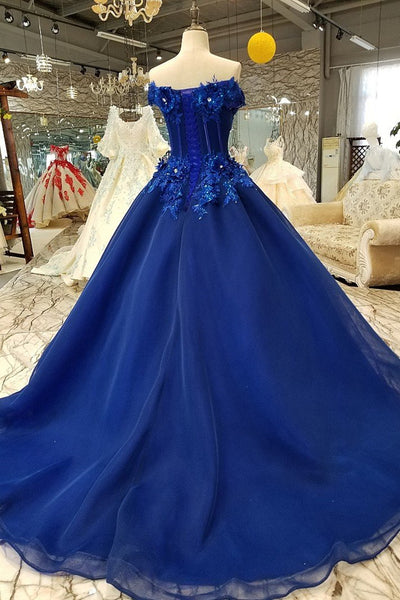 Gorgeous Off Shoulder Blue Lace Floral Long Prom Dresses, Blue Lace Formal Evening Dresses, Blue Ball Gown EP1654
