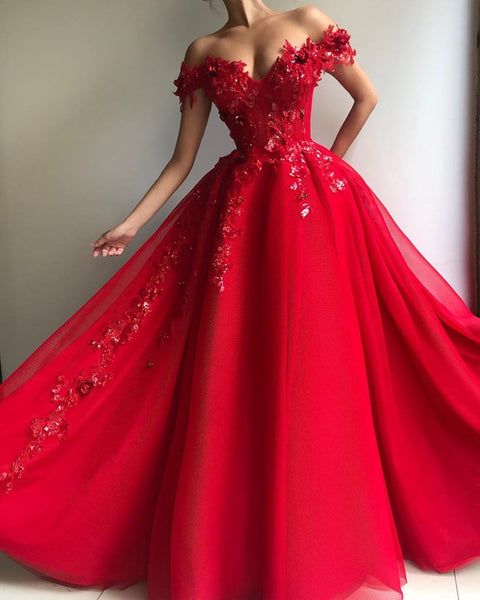 Gorgeous Off Shoulder Long Red Lace Floral Prom Dresses, Off the Shoulder Red Formal Dresses, Red Lace Evening Dresses