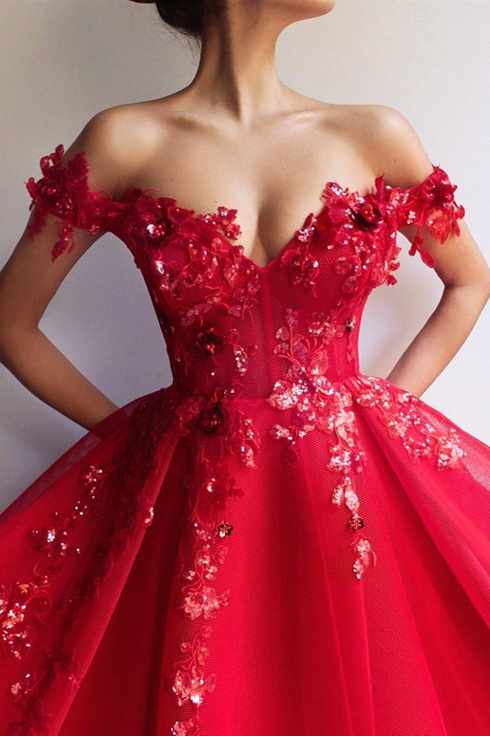 Gorgeous Off Shoulder Long Red Lace Floral Prom Dresses, Off the Shoulder Red Formal Dresses, Red Lace Evening Dresses