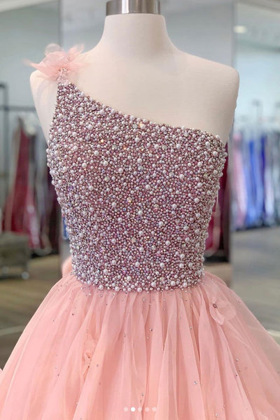 Gorgeous One Shoulder Beaded Pink Long Prom Dresses, Fluffy Pink Formal Evening Dresses, Beaded Ball Gown EP1332