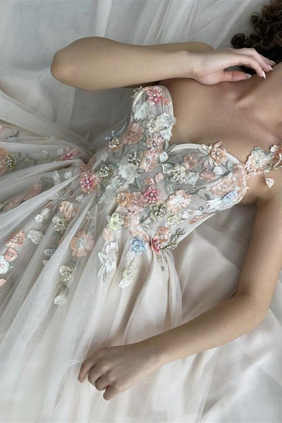 Gorgeous One Shoulder Champagne Floral Long Prom Dresses with Slit, 3D Flowers Champagne Formal Evening Dresses EP1375