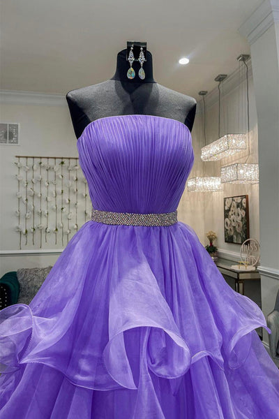 Gorgeous Strapless Layered Purple Tulle Long Prom Dresses with Belt, Purple Formal Evening Dresses, Purple Ball Gown EP1713