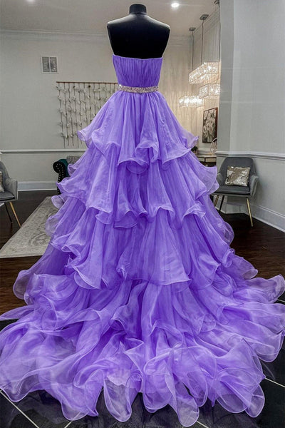Gorgeous Strapless Layered Purple Tulle Long Prom Dresses with Belt, Purple Formal Evening Dresses, Purple Ball Gown EP1713