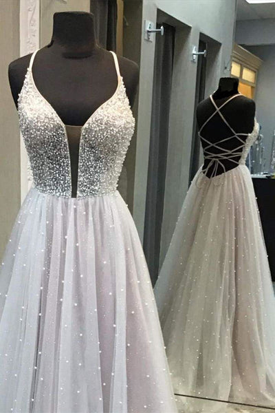 Gorgeous V Neck Backless Beaded Gray Tulle Long Prom Dresses, Backless Grey Formal Graduation Evening Dresses EP1803