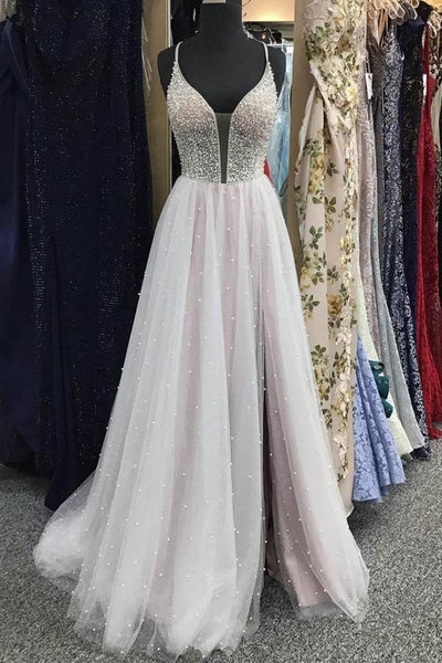 Gorgeous V Neck Backless Beaded Gray Tulle Long Prom Dresses, Backless Grey Formal Graduation Evening Dresses EP1803