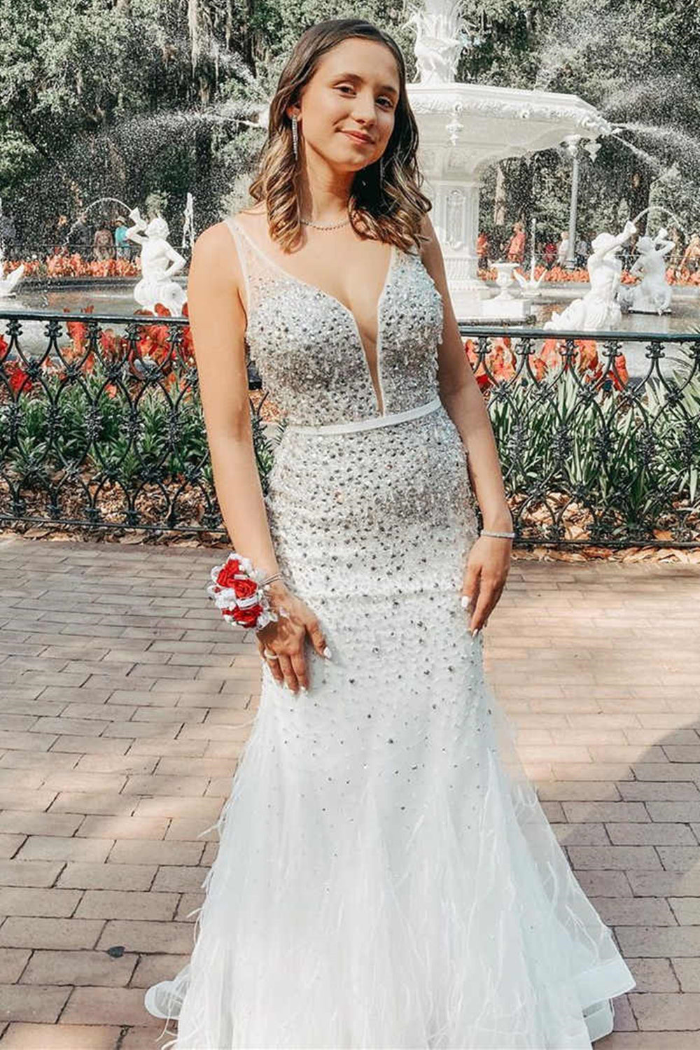 Gorgeous V Neck Mermaid Beaded Ivory Long Prom Dresses, Backless Beaded Ivory Formal Dresses, Mermaid Evening Dresses EP1668