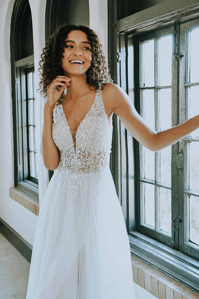 Gorgeous V Neck Open Back Beaded Ivory Long Prom Dresses, Open Back Long Ivory Beaded Formal Evening Dresses