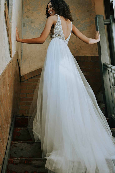 Gorgeous V Neck Open Back Beaded Ivory Long Prom Dresses, Open Back Long Ivory Beaded Formal Evening Dresses