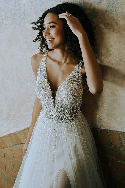 Gorgeous V Neck Open Back Beaded Ivory Long Prom Dresses, Open Back Long Ivory Beaded Formal Evening Dresses