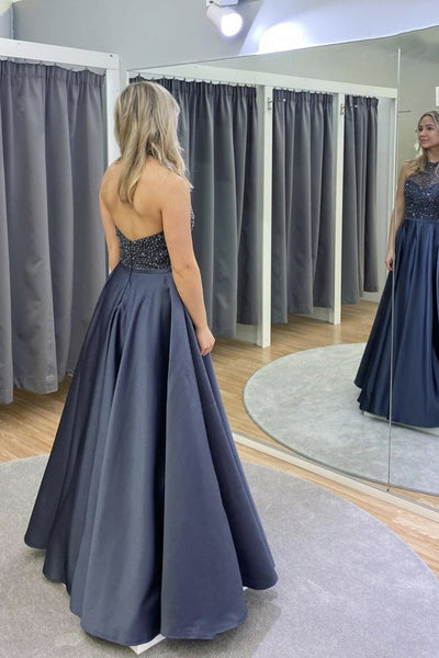 Halter Neck Backless Gray Beaded Long Prom Dresses, Backless Beaded Long Formal Evening Dresses