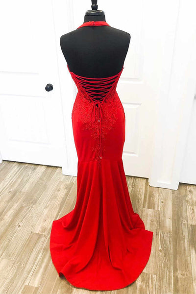 Halter Neck Mermaid Backless Red Lace Long Prom Dresses, Mermaid Red Formal Dresses, Red Lace Evening Dresses EP1883