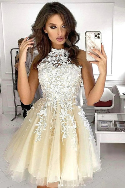 Halter Neck Short Blue Yellow Pink Lace Prom Dresses, Short Lace Formal Homecoming Dresses