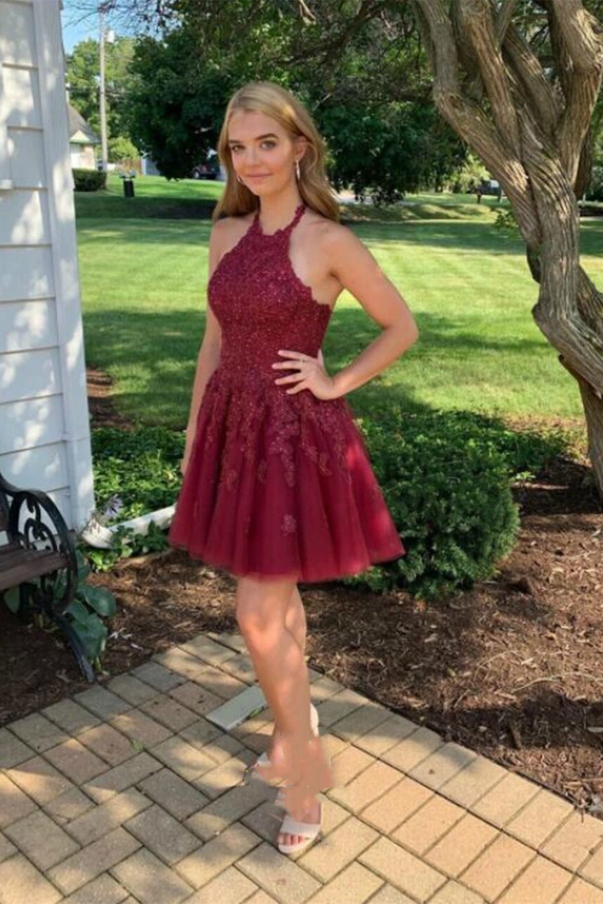Halter Neck Short Burgundy Lace Prom Dresses, Short Wine Red Lace Graduation Homecoming Dresses